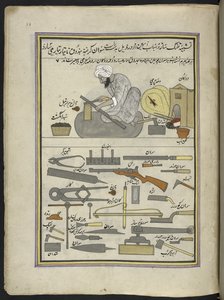 Gunsmith,  86 tegninger bundet inn i et bind som viser håndverk og yrker i Kashmir, håndverkere vises i arbeid med redskaper og utstyr,  Av en Kashmir-kunstner, sannsynligvis i Srinagar, ca. 1850-60 (gouache på papir) av Indian School