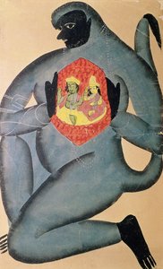 Hanuman avslører Rama og Sita nedfelt i hjertet hans, malt av et medlem av Patua-kasten, 1880 av Indian School