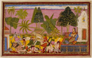 Hanumān angriper demonene, ødelegger fornøyelseshagen og beseirer Rāvaṇas styrker mens Sītā ser på. 1653 (miniatyr) av Indian School