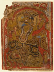 Harinegameshin bærer embryoet, fragment av et blad fra en spredt Kalpasutra (wc og gull på papir) av Indian School