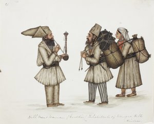 Hill Men and Woman (Guddies) Inhabitants of Kangra Hills Hindoos, ca. 1840 (ugjennomsiktig wc på papir) av Indian School