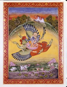 Hinduisme: representasjon av fuglen Garuda som bærer Vishnu (eller Vishnu), en stor hinduistisk guddom, og hans kone Lakhmi av Indian School
