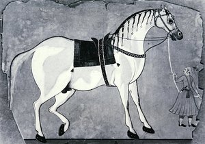 Hest og brudgom i keiserens stall, ca. 1660 (litho) av Indian School