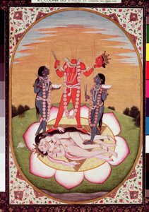 Ikon for Chinnamasta, Mahavidya som stammer fra de sammenføyde kroppene til det opprinnelige paret, Kangra, ca. 1800 (gouache på papir) av Indian School