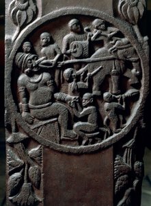 Indisk kunst, hinduisme: lavt relieff som representerer aper som river en tann fra en gigant ved bruk av elefanter. 2. århundre f.Kr. Kolkata, indisk museum av Indian School
