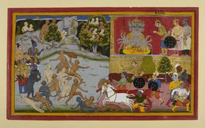 Indrajit angriper usynlig mens aper og Rāma forbereder seg av Indian School