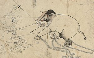 Isarda eller kotah forberedende tegning av temming av en elefant, ca. 1720 av Indian School