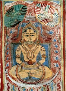 Jainisme (jinisme): representasjon av en Jain-profet (åndelig leder). Manuskriptside fra "" Kalpasutra"" av Bhadrabahu (433-357 f.Kr.) 1453 Paris, B.N. av Indian School
