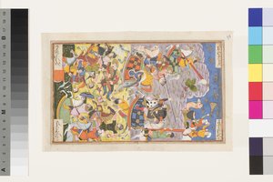 Khusrau II Parviz og Bahram Chobin: Det andre slaget, 1608 (ugjennomsiktig wc og gull på papir) av Indian School