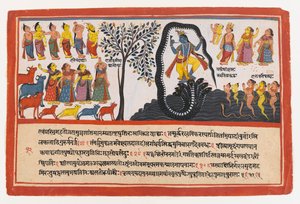 Krishna Conquers the Serpent Kaliya, side fra en Dispersed Bhagavata Purana Series, ca. 1775 (ugjennomsiktig wc og gull på papir) av Indian School