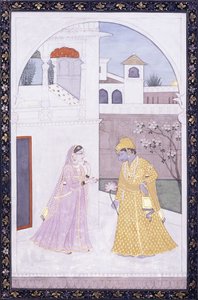 Krishna står og holder en lotusblomst, hans elsker i en rosa sari, ca. 1800 av Indian School