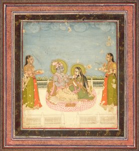 Krishna og Radha sitter på en terrasse, ca. 1760-75 (wc, gull og sølv på papir) av Indian School