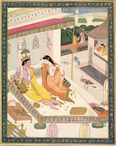 Krishna og Radha på en seng i et mogul-palass, Punjab, ca. 1860 av Indian School