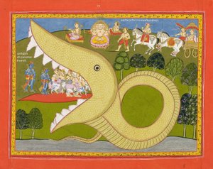 Krishna og kuhyrdene kommer inn i Agasuras munn, ca. 1800 (ugjennomsiktig wc og gull på papir) av Indian School