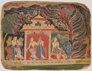 Krishna båret bort av virvelvindsdemonen, fra en Bhagavata Purana. ca. 1520-30 (ugjennomsiktig wc på papir) av Indian School