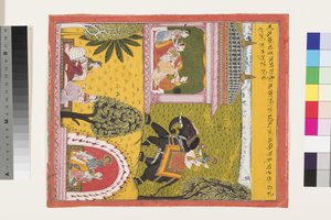 Krishna kommer til den kjærlighetssyke Radha, ca. 1700 av Indian School
