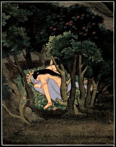 Krishna enlace par Radha (Krishna omfavnet av Radha) - indisk kunst, gouache på papir, rundt 1775 av Indian School