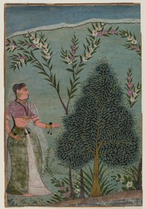 Lady in the villmark, fragment av en side fra en Bhagavata Purana-serie, ca. 1590-1600 (wc og gull på papir) av Indian School