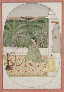 Dame på terrasse med vannpipe, ca. 1770 (gouache og gull på papir) av Indian School