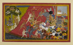 Lakshmana, Hanumān og Vibhīṣaṇa angriper Indrajit; nyheter når Rama av Indian School