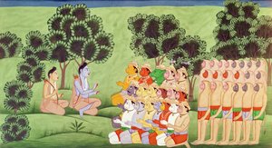 Lakshmana Consulting the Heads of the Monkey Armies, fra Ramayana av Indian School