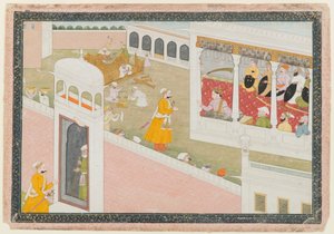 Blad fra a Dispersed Hamir Hath Series, 1800-1810 (ugjennomsiktig wc og gull på papir) av Indian School