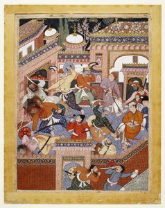 Ledet av Songhur Balkhi og Lulu spionen, skar Ayyarene strupen på fengselsvaktene og Free Said Farrukh-Nizhad, 1557 - 1572 (ugjennomsiktig akvarell og gull på bomullstøy) av Indian School