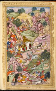 Keiser Babur jakter, mellom Ali Shang og Alangar, i regionen Kabul (Afghanistan). Miniatyr fra det persiske manuskriptet Vaqi at i Baburi, Memoirs of Mughal Emperor Babur (Zahir ud din Muhammad) (1483-1530), India, ca. 1590. Den britiske vekten av Indian School