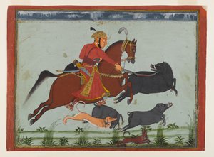 Maharaja Pratap Singh II av Mewar Hunting Boar, ca. 1750-75 (akvarell, gull og sølv på papir) av Indian School