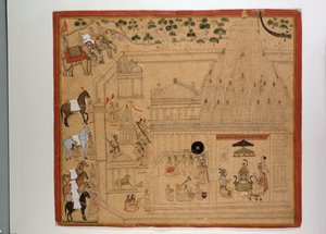 Maharana Amar Singh av Mewar ved Eklingji-tempelet, ca. 1695 (gouache med gull og sølv på papir) av Indian School