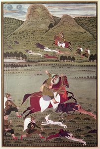 Maharana Jawan Singh (reg. 1828-38) fra Mewer Hunting Wild Bore, Udaipur av Indian School