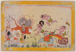Mahasura angriper Devi, folio fra en spredt Devi Mahatmya-serie, ca. 1770-80 (wc på papir) av Indian School