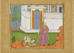Majnun er redusert til en abjekt tilstand, ca. 1700 (ugjennomsiktig wc og gull på papir) av Indian School