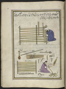 Mattemaker og kona hans lager matter av delt siv,  86 tegninger bundet inn i et bind som viser handel og yrker i Kashmir, håndverkere vises i arbeid med redskaper og utstyr,  Av en Kashmir-kunstner, sannsynligvis i Srinagar, ca. 1850-60 (gouac av Indian School