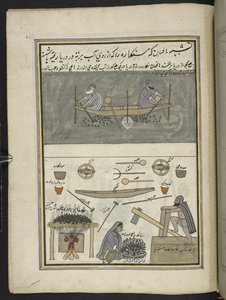 Menn som samler vannkastanjer; mann og kvinne steker og banker vannkastanjer,  86 tegninger bundet inn i et bind som viser handel og yrker i Kashmir, håndverkere vises i arbeid med redskaper og utstyr,  Av en Kashmir-kunstner, prob av Indian School