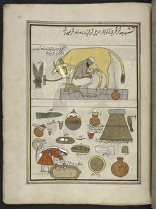 Milkman of the Gujar-kaste og hustru, 86 tegninger bundet inn i et bind som skildrer handel og yrker i Kashmir, håndverkere vises i arbeid med redskaper og utstyr, Av en Kashmir-kunstner, sannsynligvis i Srinagar, ca. 1850-60 (gouache på papir) ) av Indian School