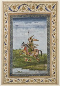 Miniatyr som viser en scene av en bevinget skikkelse på en hest, sannsynligvis Delhi-skole, Mughal, indisk, tidlig på 1800-tallet (akvarell og forgylling på papir)