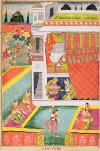 Miniatyrmaleri som feirer fødselen til et barn, muligens Aurangabad, Deccan (ugjennomsiktig mineralfarger på brunpapir) av Indian School