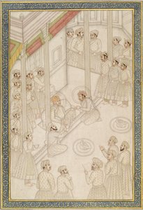 Mughal Emperor Akbar Holding Court under hans endelige sykdom, midten av 1700-tallet (albumblad; pigment med gull på polert papir) av Indian School