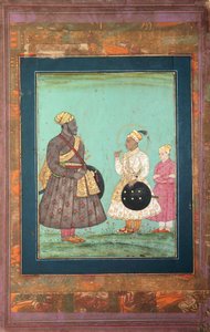 Murtaza Nizam Shah med en svart visir, muligens Malik Ambar, og en yngre mann, ca. 1680 (ugjennomsiktig akvarell og gull på papir) av Indian School