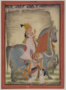 Adelsmann fra Mewar som rir Nur akkompagnert av en sais til fots, 1820 av Indian School