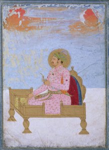 Portrett av keiser Jahangir (1569-1627) sittende på en trone med en sarapesh, Mughal, ca. 1720-40 av Indian School