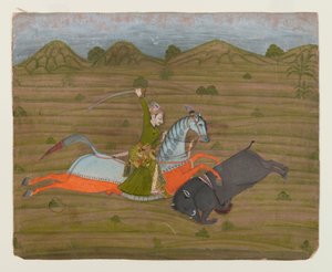 Prince Hunting Wild Boar (miniatyrmaleri), 1765 (ugjennomsiktig wc og gull på papir) av Indian School