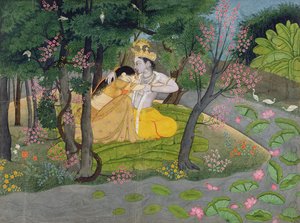 Radha og Krishna omfavnes i en lund med blomstrende trær, ca. 1780 (wc på papir)