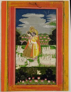Radha og Krishna omfavner seg i et idealisert landskap med kuer, ca. 1780 (ugjennomsiktig wc på papir) av Indian School