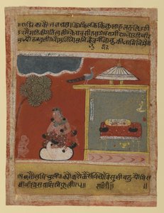 Radha lengter etter sin elskede, side fra en datert Rasikapriya-serie, 1634 (ugjennomsiktig wc og gull på papir) av Indian School