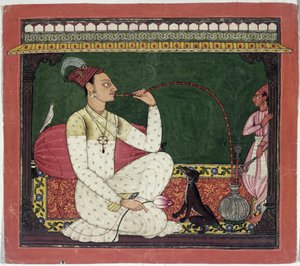 Raja Medini Pal, Inspirert på elvene i Takri Characters Bilauria Medini Pal, Basohli, Himachal Pradesh, Pahari School, 1735 av Indian School
