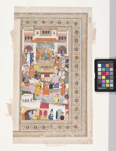 Raja With Courtiers (penn, blekk, gouache og bladgull på pergament) av Indian School