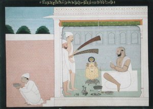 Rajah Bulwant Singh fremfører Puja, ca. 1750 (blekk og farget vask på papir) av Indian School