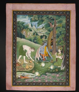 Rama, Lakshmana og Sita Cooking and Eating in the Wilderness, ca. 1820 (gouache med gull på papir) av Indian School
